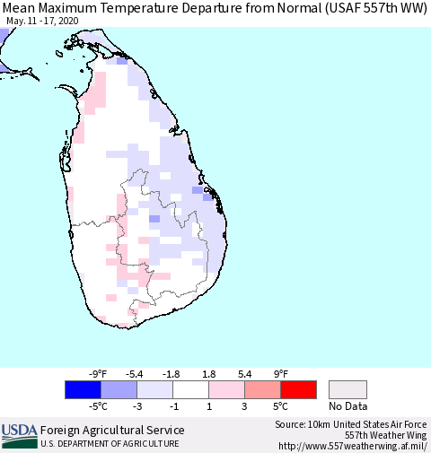 Sri Lanka Mean Maximum Temperature Departure from Normal (USAF 557th WW) Thematic Map For 5/11/2020 - 5/17/2020