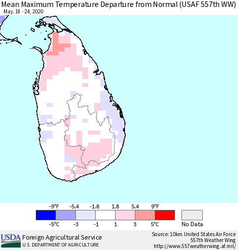 Sri Lanka Mean Maximum Temperature Departure from Normal (USAF 557th WW) Thematic Map For 5/18/2020 - 5/24/2020