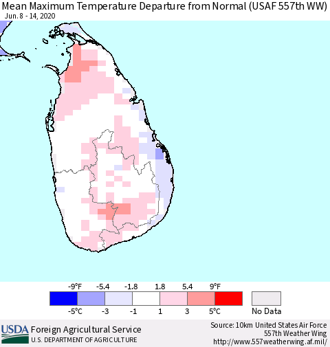 Sri Lanka Maximum Temperature Departure From Normal (USAF 557th WW) Thematic Map For 6/8/2020 - 6/14/2020