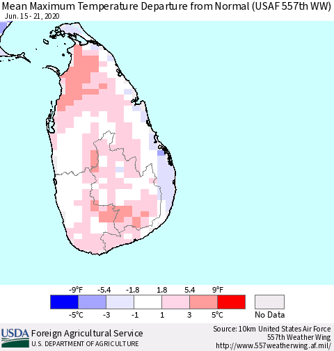 Sri Lanka Maximum Temperature Departure From Normal (USAF 557th WW) Thematic Map For 6/15/2020 - 6/21/2020