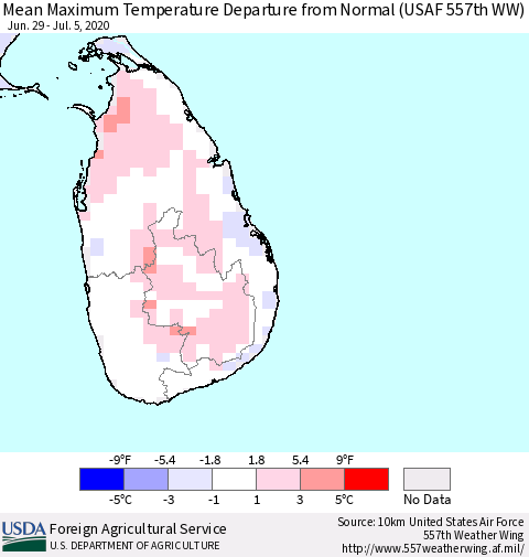 Sri Lanka Maximum Temperature Departure From Normal (USAF 557th WW) Thematic Map For 6/29/2020 - 7/5/2020