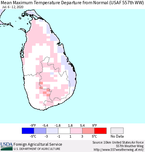 Sri Lanka Mean Maximum Temperature Departure from Normal (USAF 557th WW) Thematic Map For 7/6/2020 - 7/12/2020