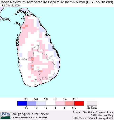 Sri Lanka Mean Maximum Temperature Departure from Normal (USAF 557th WW) Thematic Map For 7/13/2020 - 7/19/2020