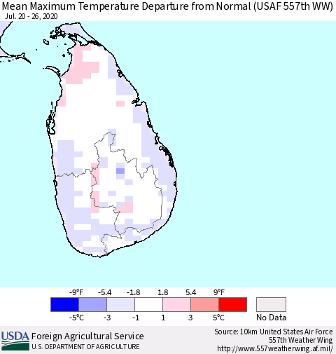 Sri Lanka Maximum Temperature Departure From Normal (USAF 557th WW) Thematic Map For 7/20/2020 - 7/26/2020