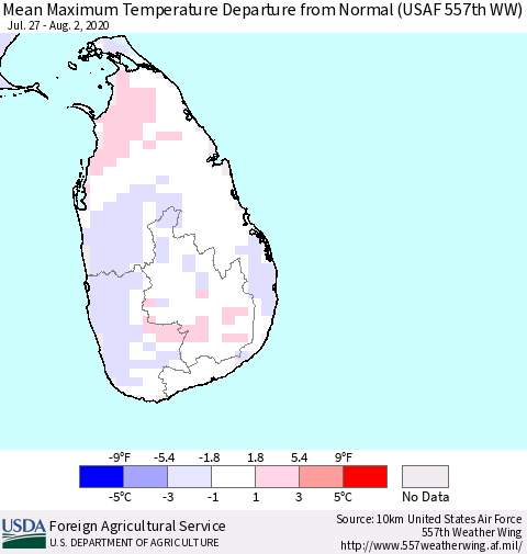 Sri Lanka Maximum Temperature Departure From Normal (USAF 557th WW) Thematic Map For 7/27/2020 - 8/2/2020