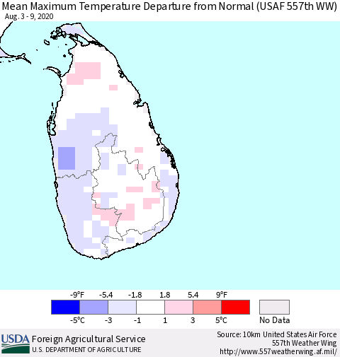 Sri Lanka Mean Maximum Temperature Departure from Normal (USAF 557th WW) Thematic Map For 8/3/2020 - 8/9/2020