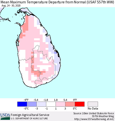 Sri Lanka Mean Maximum Temperature Departure from Normal (USAF 557th WW) Thematic Map For 8/24/2020 - 8/30/2020