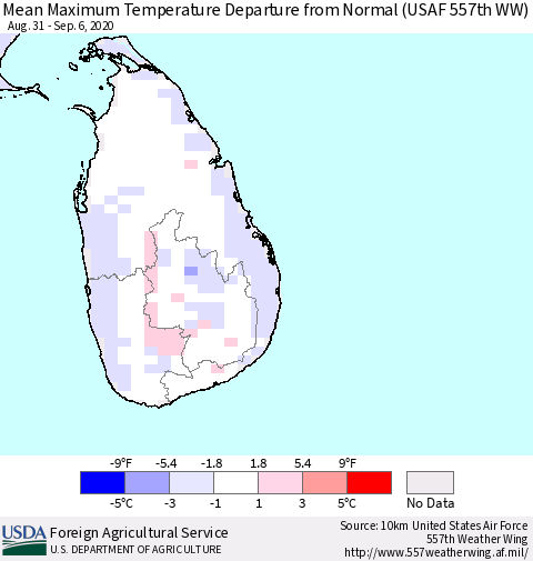 Sri Lanka Mean Maximum Temperature Departure from Normal (USAF 557th WW) Thematic Map For 8/31/2020 - 9/6/2020