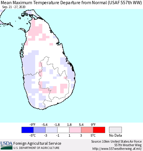 Sri Lanka Maximum Temperature Departure From Normal (USAF 557th WW) Thematic Map For 9/21/2020 - 9/27/2020
