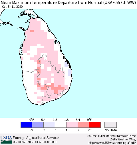 Sri Lanka Maximum Temperature Departure From Normal (USAF 557th WW) Thematic Map For 10/5/2020 - 10/11/2020