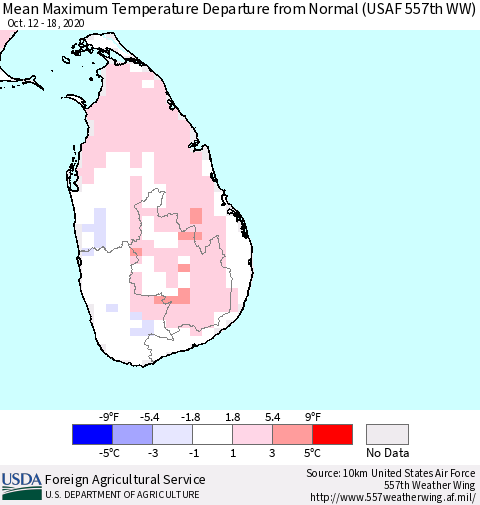 Sri Lanka Mean Maximum Temperature Departure from Normal (USAF 557th WW) Thematic Map For 10/12/2020 - 10/18/2020
