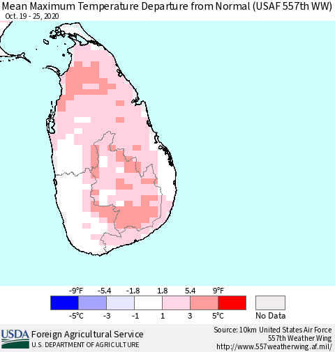 Sri Lanka Mean Maximum Temperature Departure from Normal (USAF 557th WW) Thematic Map For 10/19/2020 - 10/25/2020