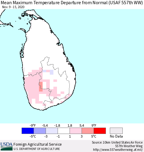 Sri Lanka Mean Maximum Temperature Departure from Normal (USAF 557th WW) Thematic Map For 11/9/2020 - 11/15/2020
