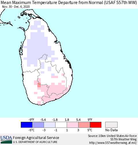 Sri Lanka Maximum Temperature Departure from Normal (USAF 557th WW) Thematic Map For 11/30/2020 - 12/6/2020