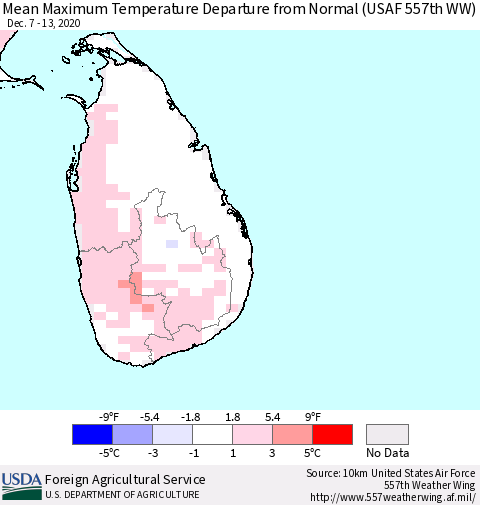 Sri Lanka Mean Maximum Temperature Departure from Normal (USAF 557th WW) Thematic Map For 12/7/2020 - 12/13/2020