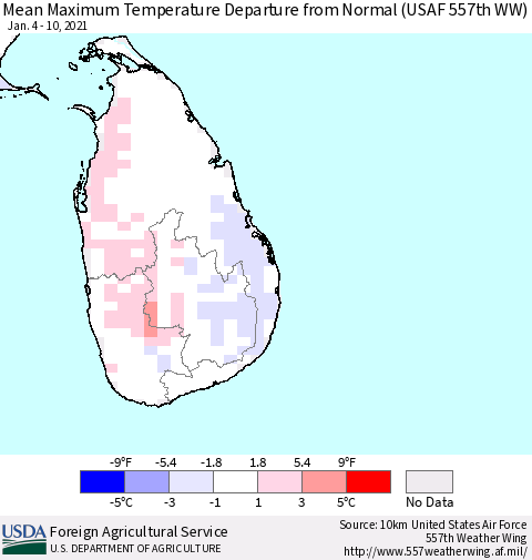Sri Lanka Maximum Temperature Departure from Normal (USAF 557th WW) Thematic Map For 1/4/2021 - 1/10/2021