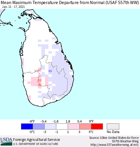Sri Lanka Mean Maximum Temperature Departure from Normal (USAF 557th WW) Thematic Map For 1/11/2021 - 1/17/2021