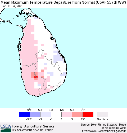Sri Lanka Maximum Temperature Departure from Normal (USAF 557th WW) Thematic Map For 1/18/2021 - 1/24/2021