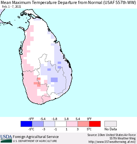 Sri Lanka Maximum Temperature Departure From Normal (USAF 557th WW) Thematic Map For 2/1/2021 - 2/7/2021