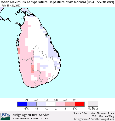 Sri Lanka Maximum Temperature Departure From Normal (USAF 557th WW) Thematic Map For 2/15/2021 - 2/21/2021