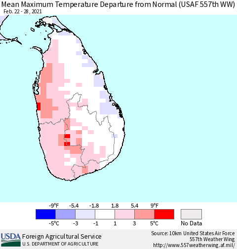 Sri Lanka Mean Maximum Temperature Departure from Normal (USAF 557th WW) Thematic Map For 2/22/2021 - 2/28/2021