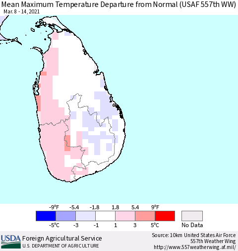 Sri Lanka Mean Maximum Temperature Departure from Normal (USAF 557th WW) Thematic Map For 3/8/2021 - 3/14/2021