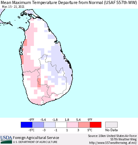Sri Lanka Mean Maximum Temperature Departure from Normal (USAF 557th WW) Thematic Map For 3/15/2021 - 3/21/2021