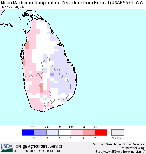 Sri Lanka Maximum Temperature Departure from Normal (USAF 557th WW) Thematic Map For 3/22/2021 - 3/28/2021