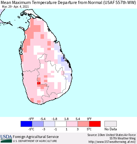 Sri Lanka Mean Maximum Temperature Departure from Normal (USAF 557th WW) Thematic Map For 3/29/2021 - 4/4/2021