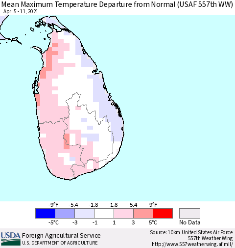 Sri Lanka Maximum Temperature Departure from Normal (USAF 557th WW) Thematic Map For 4/5/2021 - 4/11/2021
