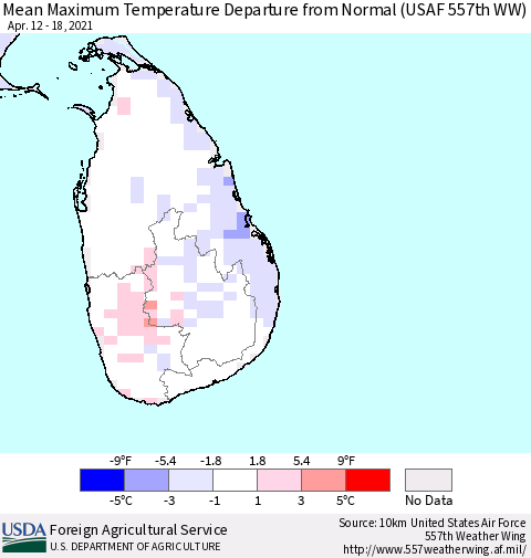 Sri Lanka Mean Maximum Temperature Departure from Normal (USAF 557th WW) Thematic Map For 4/12/2021 - 4/18/2021