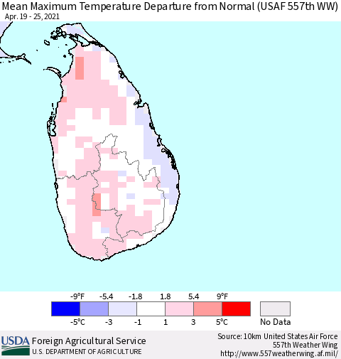 Sri Lanka Mean Maximum Temperature Departure from Normal (USAF 557th WW) Thematic Map For 4/19/2021 - 4/25/2021