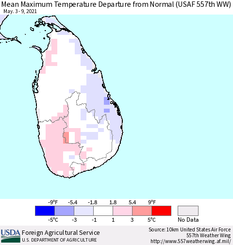 Sri Lanka Mean Maximum Temperature Departure from Normal (USAF 557th WW) Thematic Map For 5/3/2021 - 5/9/2021