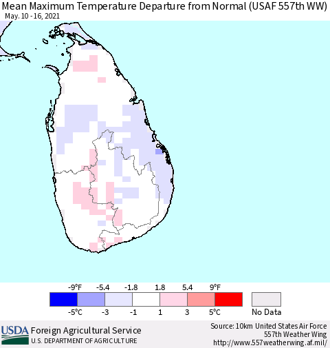 Sri Lanka Mean Maximum Temperature Departure from Normal (USAF 557th WW) Thematic Map For 5/10/2021 - 5/16/2021