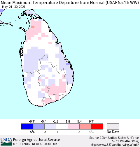 Sri Lanka Mean Maximum Temperature Departure from Normal (USAF 557th WW) Thematic Map For 5/24/2021 - 5/30/2021