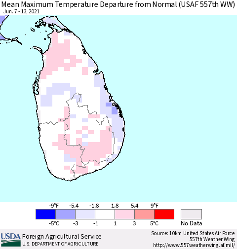 Sri Lanka Mean Maximum Temperature Departure from Normal (USAF 557th WW) Thematic Map For 6/7/2021 - 6/13/2021