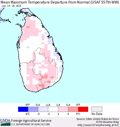 Sri Lanka Mean Maximum Temperature Departure from Normal (USAF 557th WW) Thematic Map For 6/14/2021 - 6/20/2021