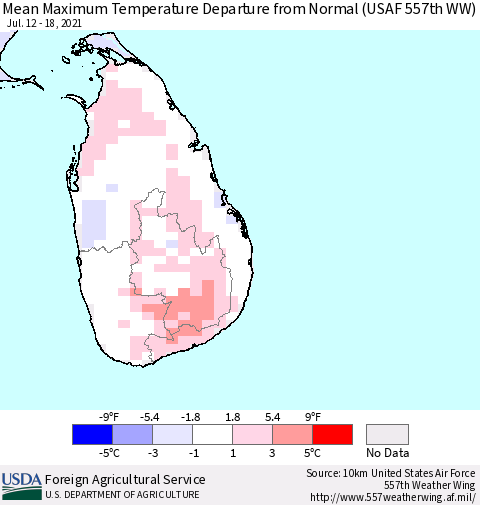 Sri Lanka Maximum Temperature Departure from Normal (USAF 557th WW) Thematic Map For 7/12/2021 - 7/18/2021