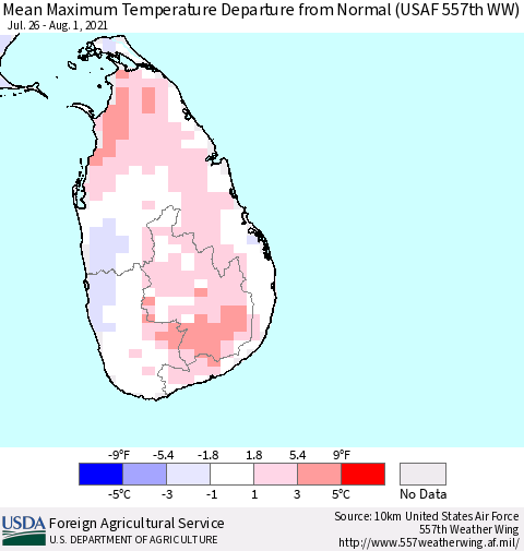 Sri Lanka Mean Maximum Temperature Departure from Normal (USAF 557th WW) Thematic Map For 7/26/2021 - 8/1/2021