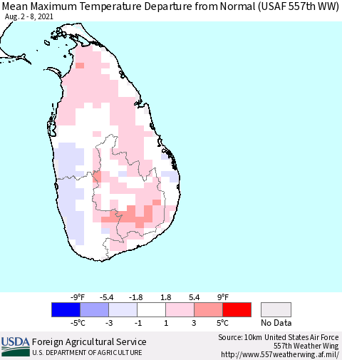 Sri Lanka Mean Maximum Temperature Departure from Normal (USAF 557th WW) Thematic Map For 8/2/2021 - 8/8/2021