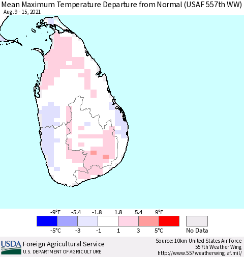Sri Lanka Maximum Temperature Departure from Normal (USAF 557th WW) Thematic Map For 8/9/2021 - 8/15/2021