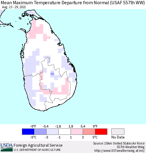 Sri Lanka Maximum Temperature Departure from Normal (USAF 557th WW) Thematic Map For 8/23/2021 - 8/29/2021