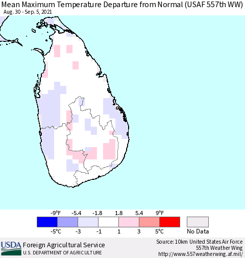 Sri Lanka Mean Maximum Temperature Departure from Normal (USAF 557th WW) Thematic Map For 8/30/2021 - 9/5/2021