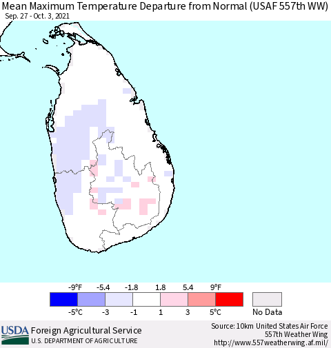 Sri Lanka Mean Maximum Temperature Departure from Normal (USAF 557th WW) Thematic Map For 9/27/2021 - 10/3/2021