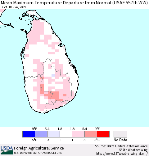 Sri Lanka Mean Maximum Temperature Departure from Normal (USAF 557th WW) Thematic Map For 10/18/2021 - 10/24/2021