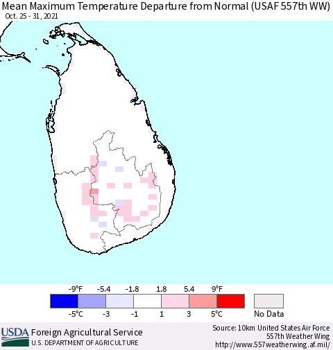 Sri Lanka Maximum Temperature Departure From Normal (USAF 557th WW) Thematic Map For 10/25/2021 - 10/31/2021