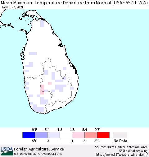 Sri Lanka Mean Maximum Temperature Departure from Normal (USAF 557th WW) Thematic Map For 11/1/2021 - 11/7/2021