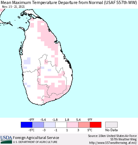 Sri Lanka Mean Maximum Temperature Departure from Normal (USAF 557th WW) Thematic Map For 11/15/2021 - 11/21/2021