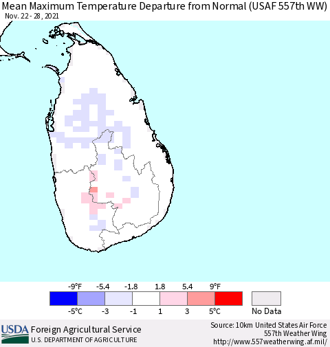 Sri Lanka Mean Maximum Temperature Departure from Normal (USAF 557th WW) Thematic Map For 11/22/2021 - 11/28/2021