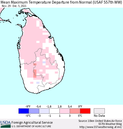 Sri Lanka Mean Maximum Temperature Departure from Normal (USAF 557th WW) Thematic Map For 11/29/2021 - 12/5/2021